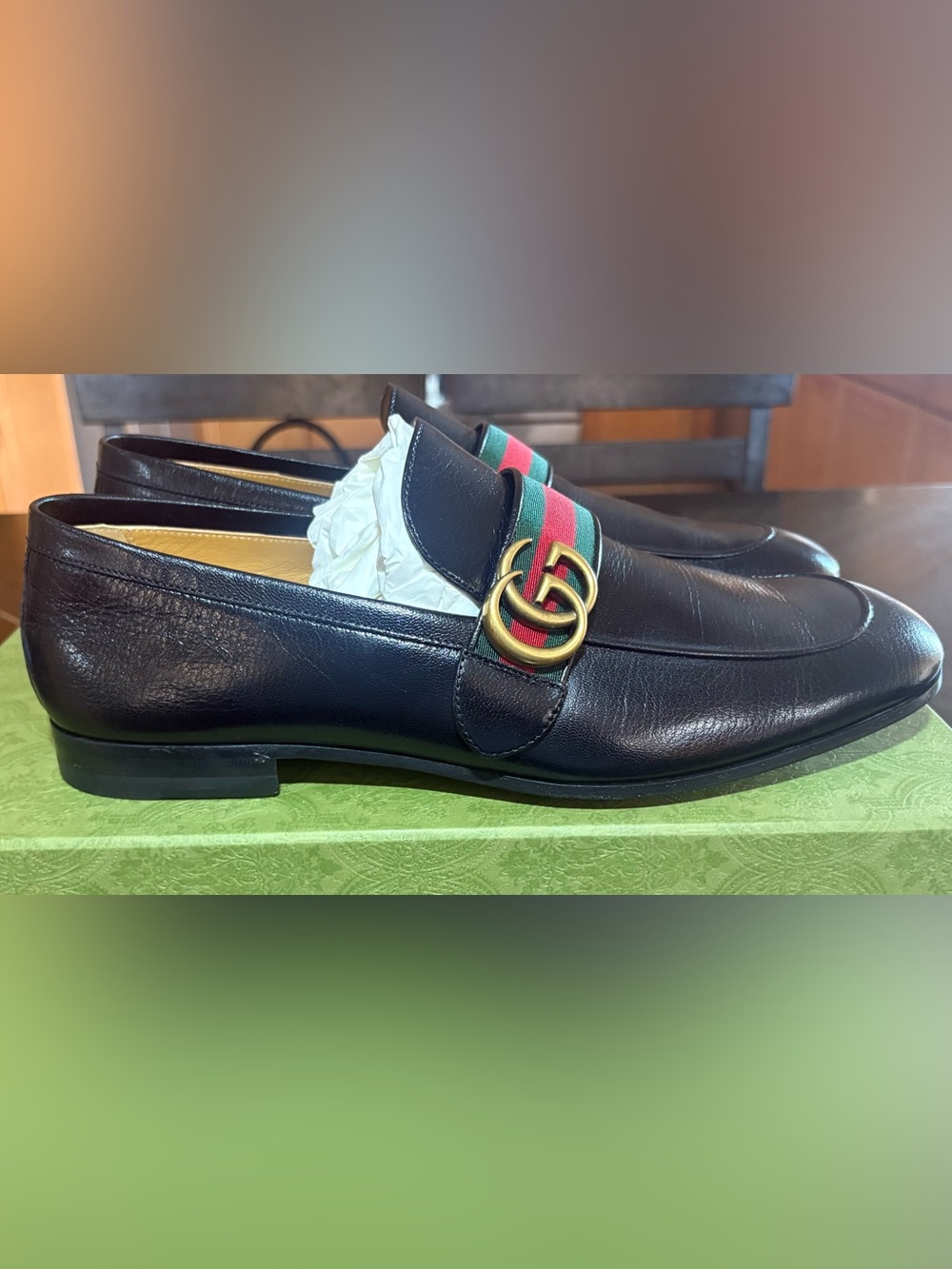 Gucci Black Leather Loafers with Green-Red Web and Gold Horsebit